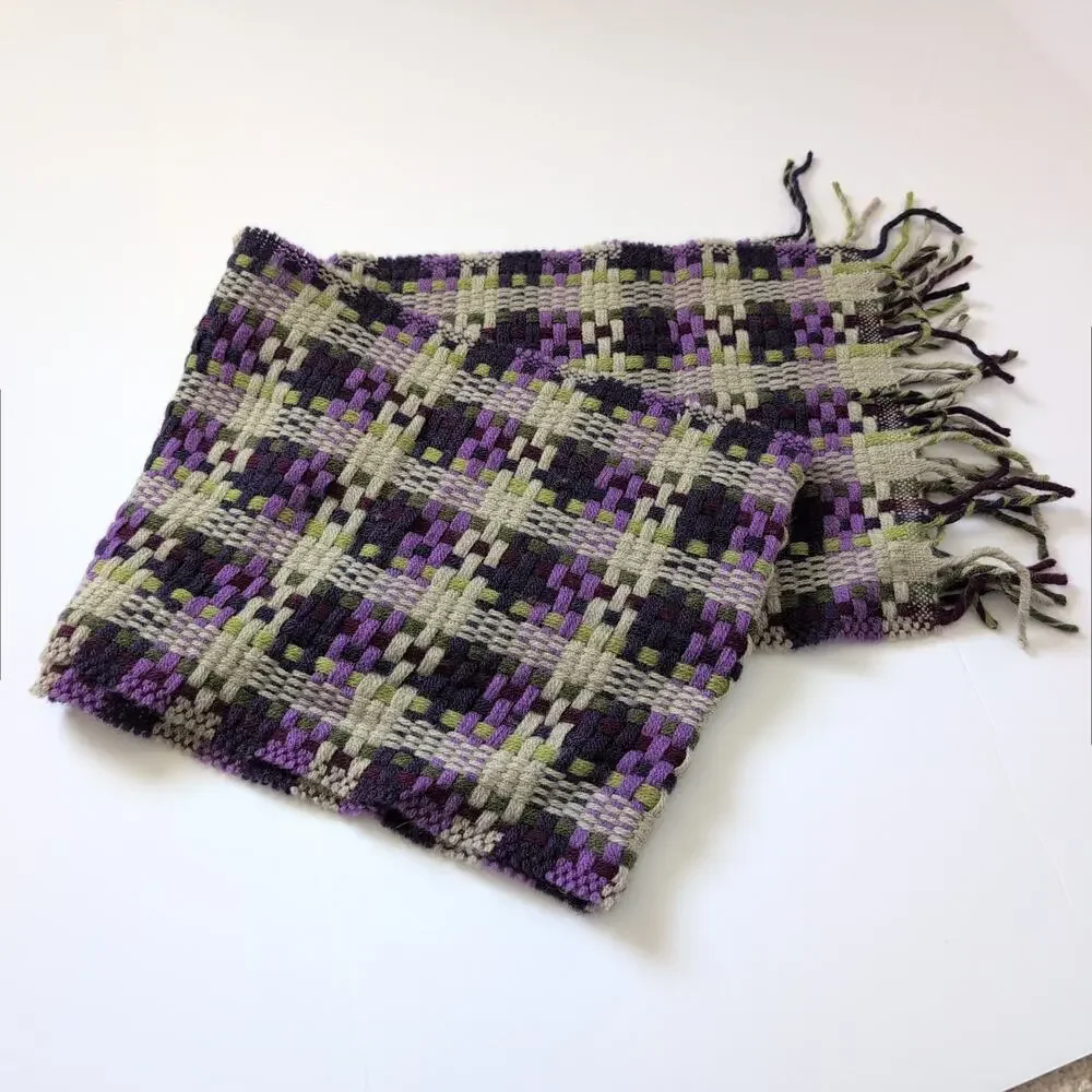 ECHO‎ Scarf Italian Knit Woven Plaid Purple Tan Gray Green Fringe - Wool Blend